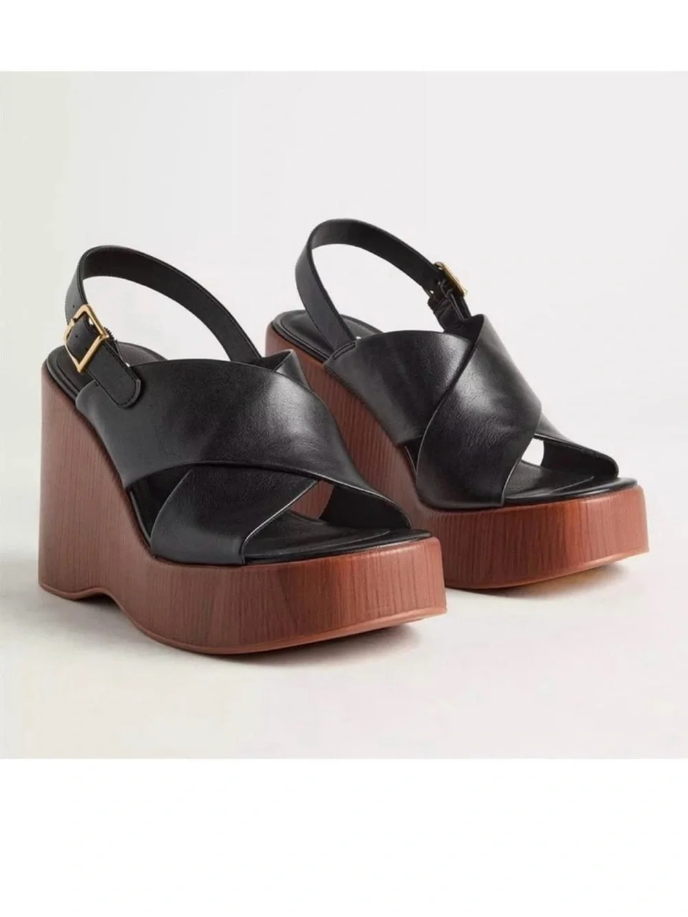 Black Leather Crisscross Slingback Wedge Sandals